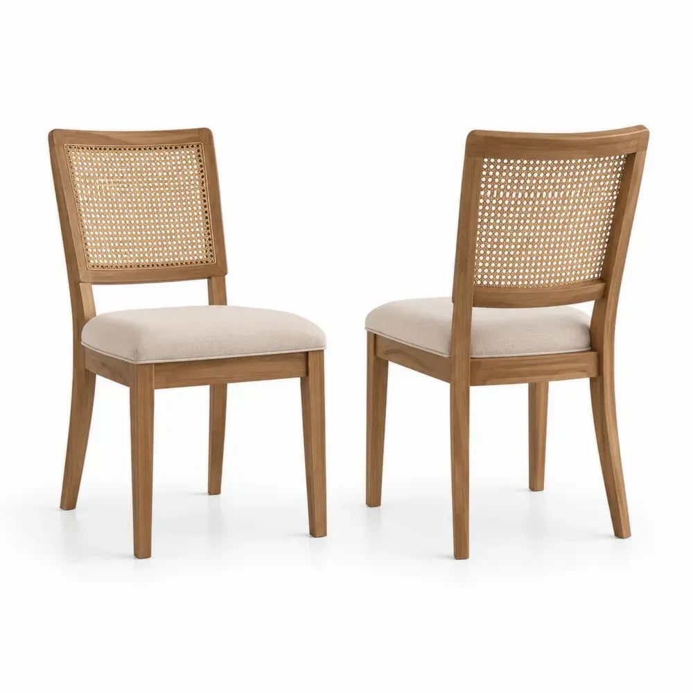 Esszimmerstühle 2er Set mit Rattan Rückenlehne gepolstert 48 x 55 x 86 cm Kautschukholz Rattan Polyester naturholzfarben beige