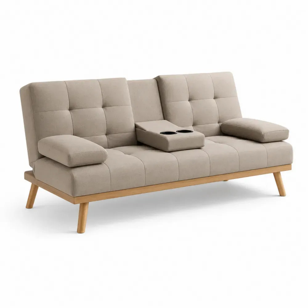 Futon Schlafsofa 3-Sitzer mit Getränkehaltern 180 x 84 x 80 cm Polyestergewebe Kautschukholz rechteckig beige naturholzfarben schwarz