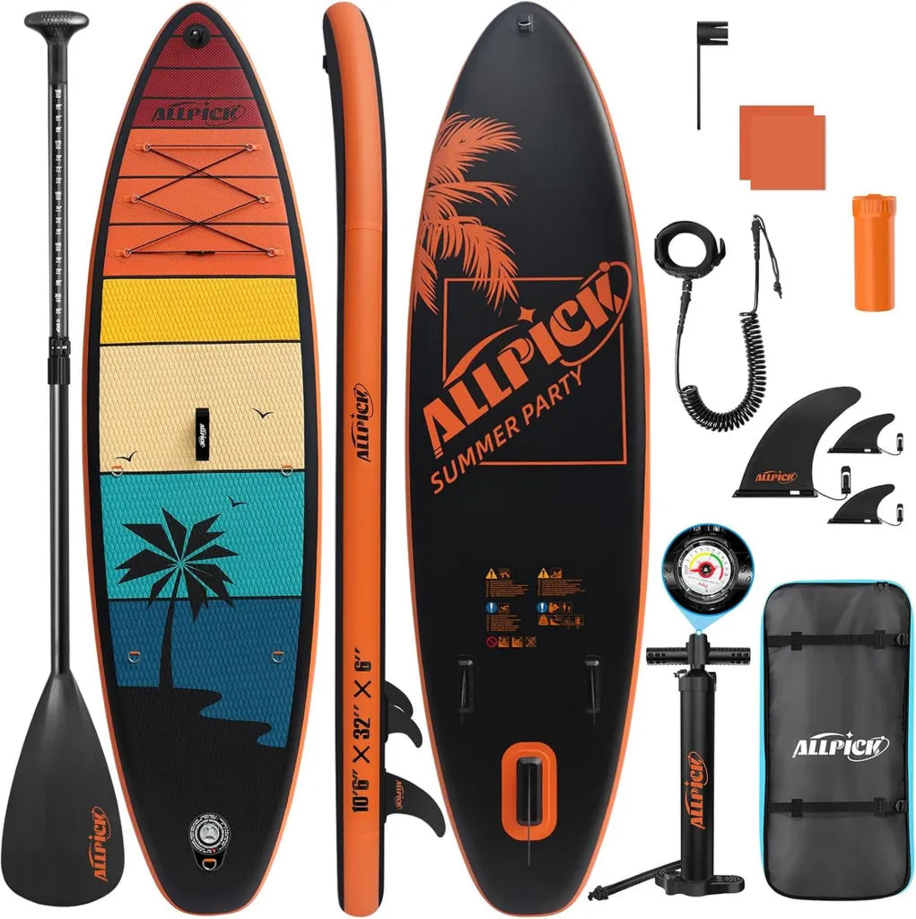 ALLPICK Aufblasbares SUP-Board Set, Inklusive Kamerahalterung, Komplettes Zubehör, Verstellbares Paddel, Für Anfänger und Fortgeschrittene, Tragkraft bis 200 kg
