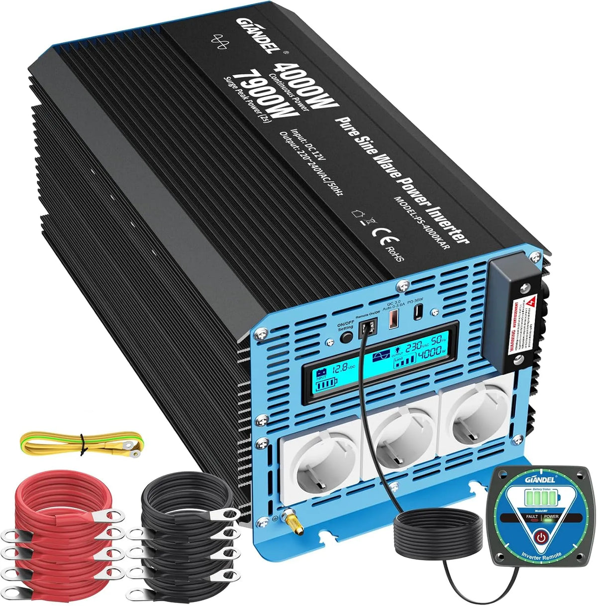 DC-AC-Wechselrichter und Spannungswandler, 4000W, mit USB-C, 36W, 12V, 230V, für Camping und Wohnmobil