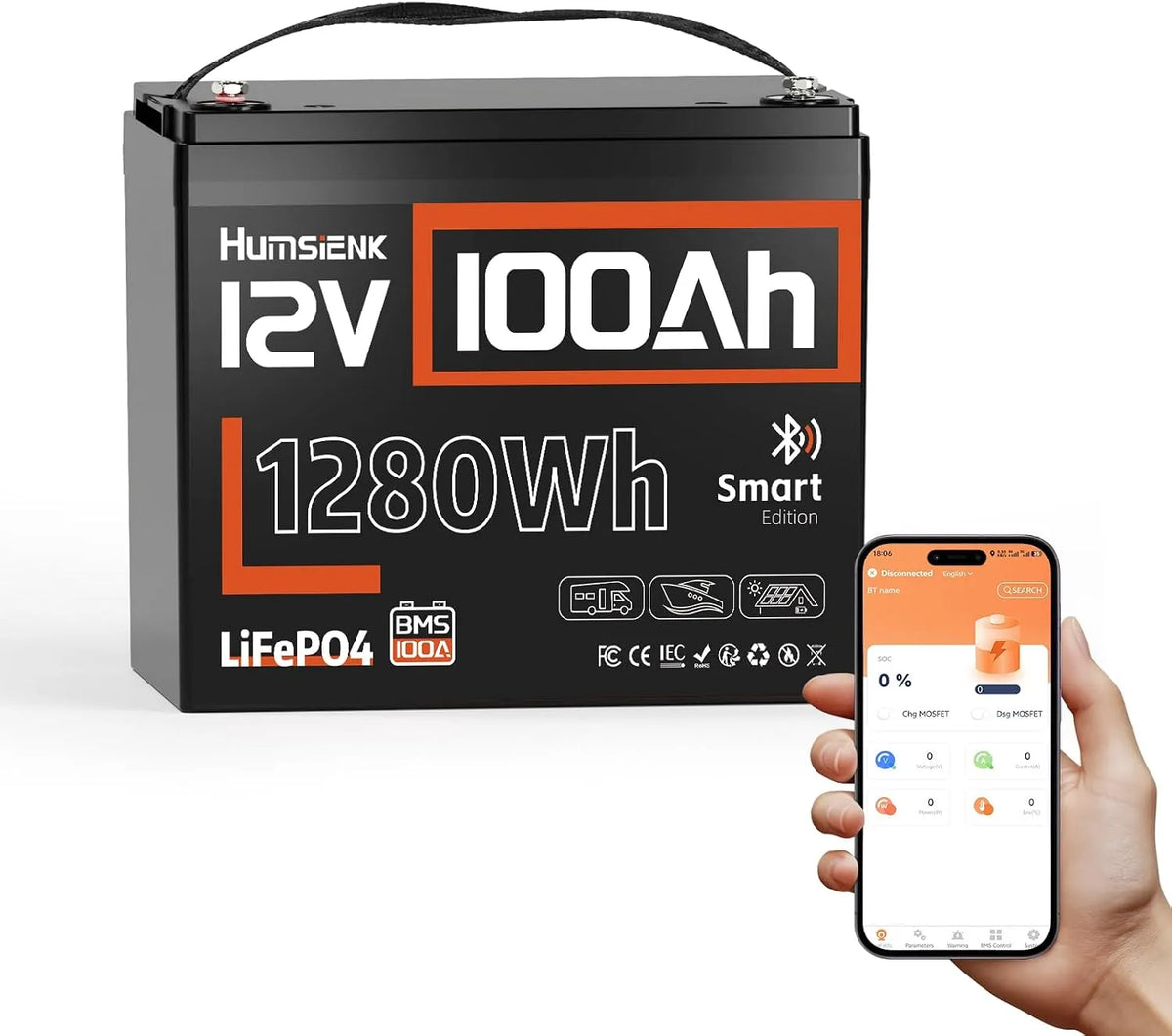 LiFePO4 LiFePO4-Batterie und Solar-Speicherbatterie, 100Ah, solarbetrieben, mit BMS, mit Bluetooth, 1280Wh, 12V