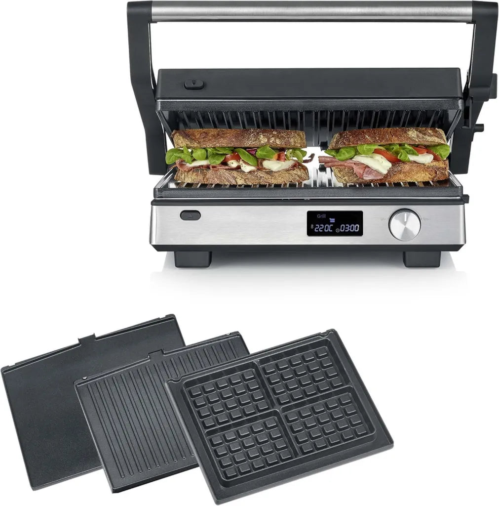 SEVERIN 3-in-1 Kontaktgrill mit Keramikbeschichtung, XL-Grillfläche, spülmaschinenfeste Platten, 2000W, Schwarz/Edelstahl