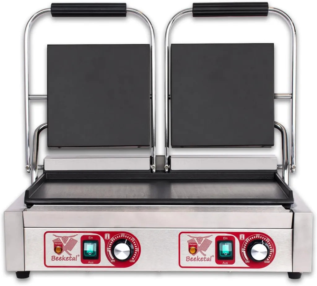 Beeketal Doppelt Kontaktgrill mit Gusseisenplatten und Fettauffangschale, Edelstahl Elektrogrill für Panini und Sandwich