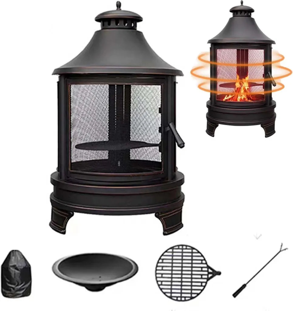 Robuste Feuerstelle mit Gusseisen-Grill und Zeltofen für den Außenbereich