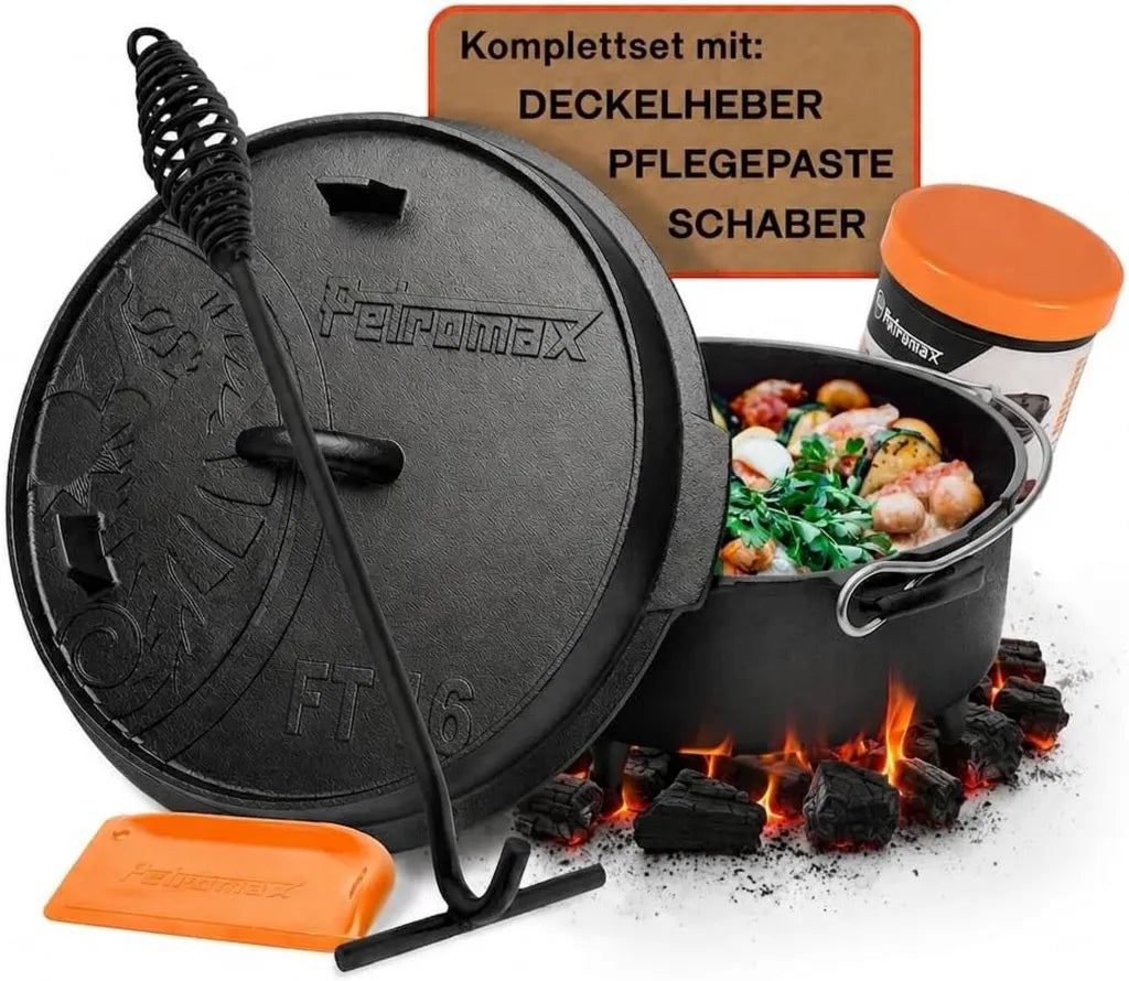 Petromax Feuertopf Set ft6 - Gusseisen Bräter mit Zubehör für Outdoor-Kochen, geeignet für Grill und Lagerfeuer - 5,5 Liter
