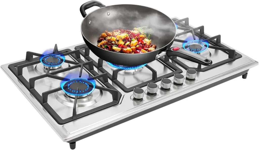 Einbau-Gaskochfeld 5 Brenner, 86x51 cm Edelstahl Schwarz, Propan/NG mit D-Batterie Piezo-Zündung, für Küche & Outdoor