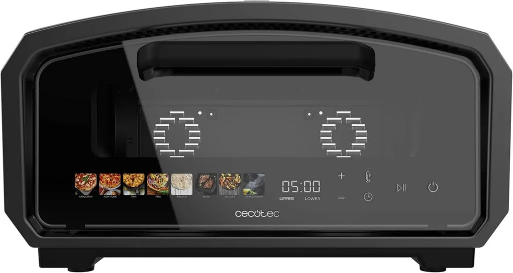 Elektrischer Pizzaofen Cecotec mit 500 °C, rotierendem Stein, 8 Programmen und Display