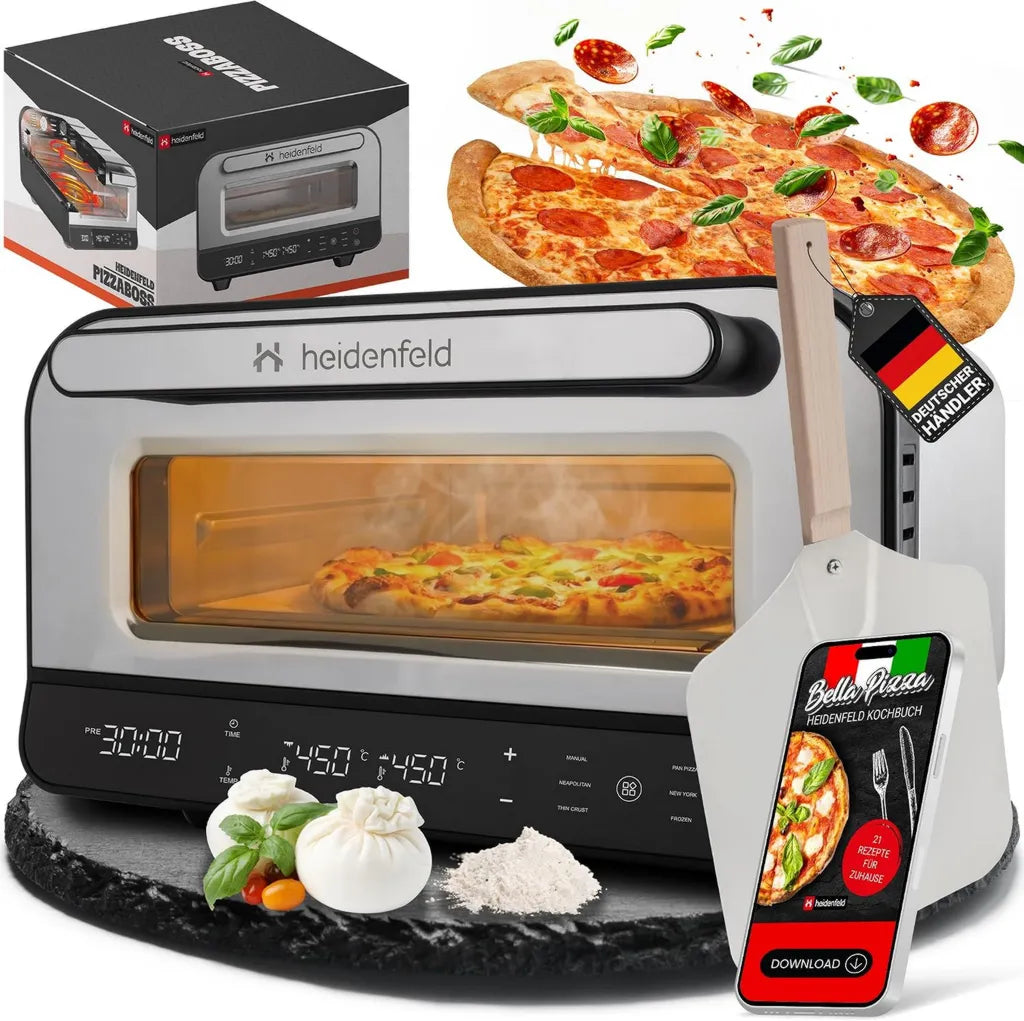 Heidenfeld Elektrischer Pizzaofen mit Pizzastein & Schieber, 1850 Watt, bis 450°C
