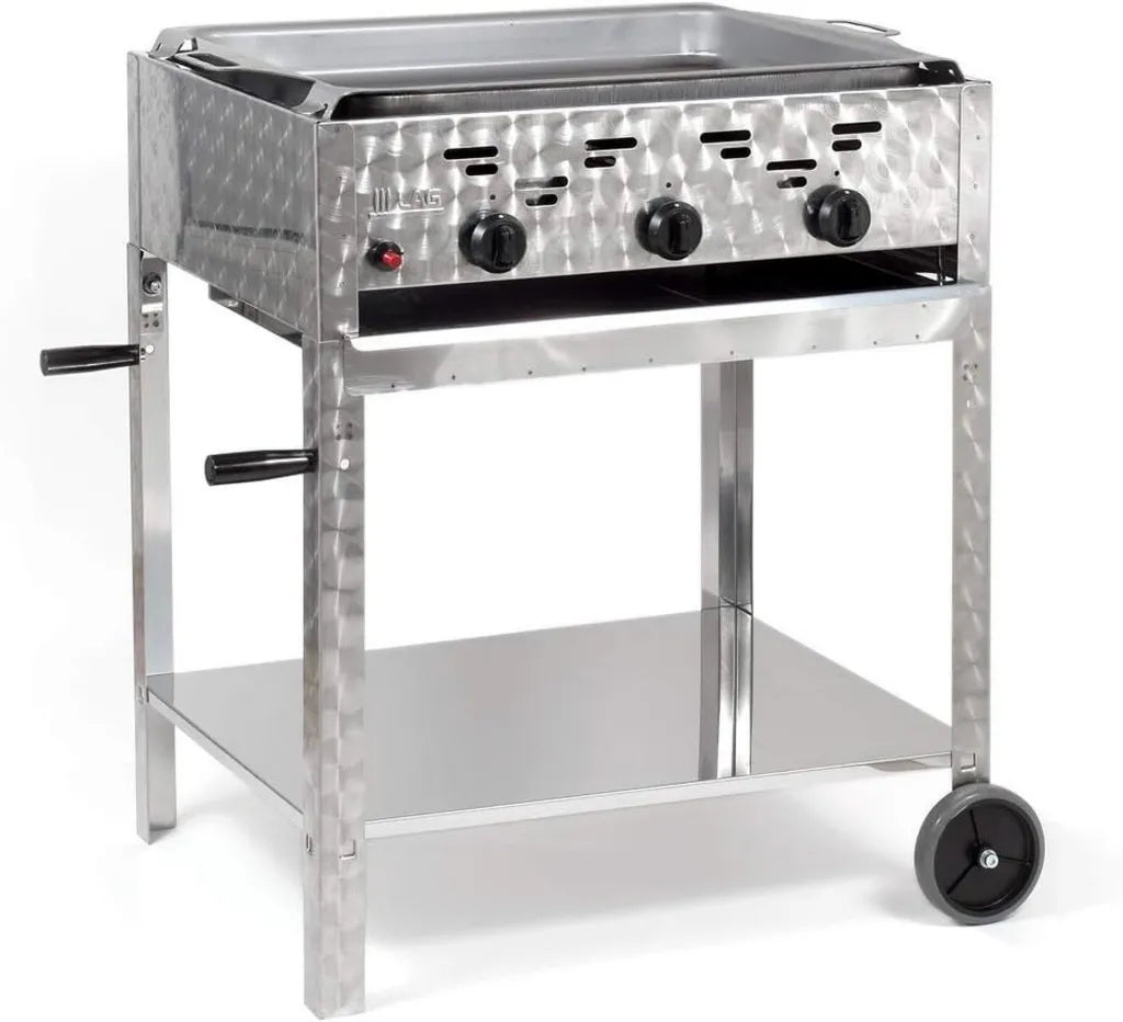 3-flammiger mobiler Gasgrill 11kW aus Edelstahl mit Stahlpfanne für Gastronomie
