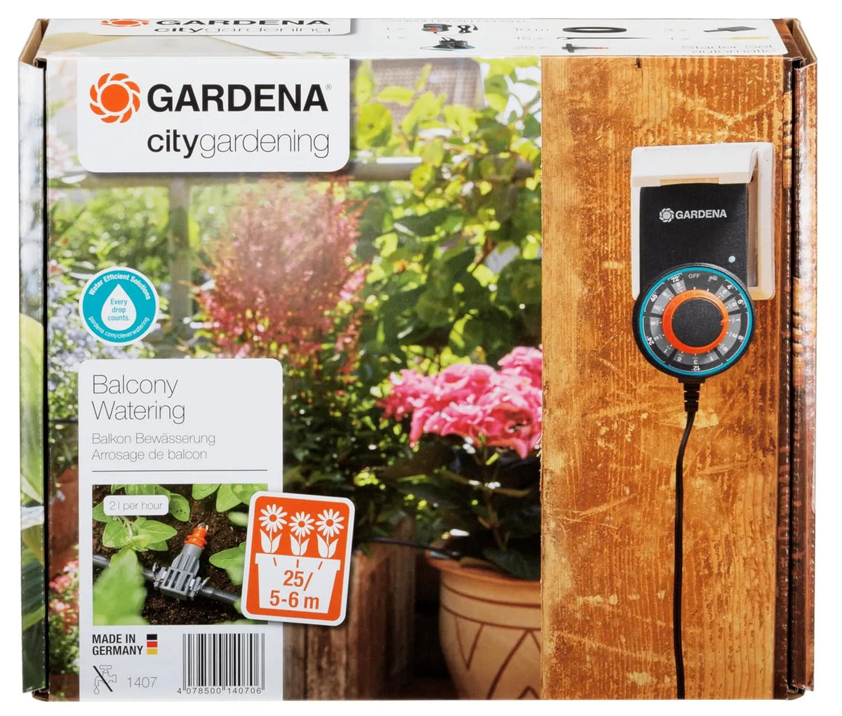 Gardena city gardening Balkon Bewässerung, für bis zu 6 m Balkonkästen, 13 Programme, Vollautomatisches Blumenkastenbewässerungs-Set