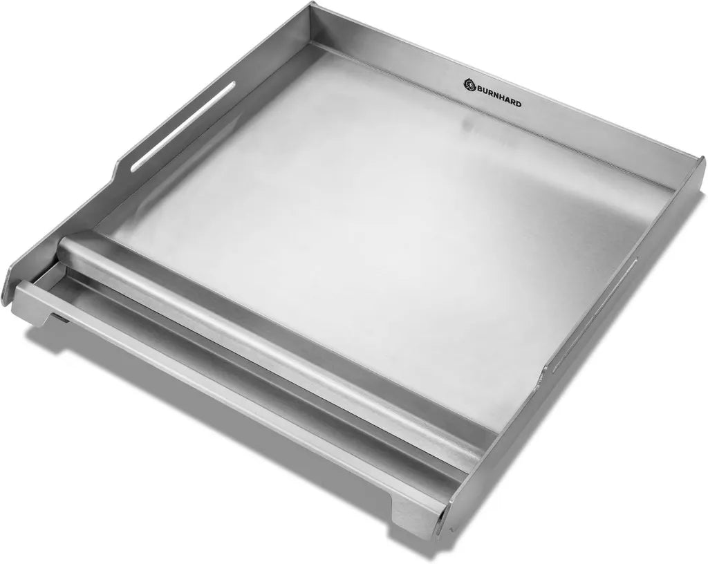 BURNHARD® Edelstahl Plancha mit Abnehmbarem Fettauffang, 4 mm Rostfläche, Hoher Rand, Tragegriffe für Gasgrills FRED, EARL & GRANT