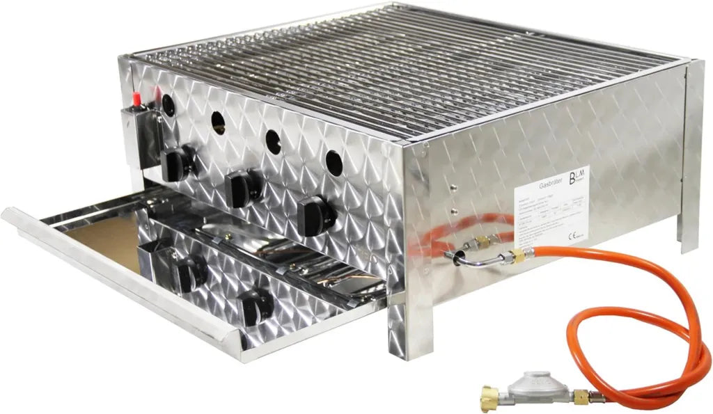 Mobiler Edelstahl-Gasgrill 10 kW – 3 Brenner mit Grillpfanne, Gestell, Gasschlauch & Druckminderer – Ideal für Gastronomie & Camping