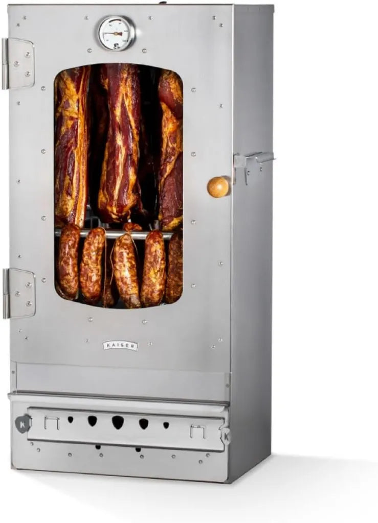 KAISER COMPANY Edelstahl Räucherofen 80 cm – Tragbarer Smoker für bis zu 10 kg Fleisch mit Zubehör, Holzbefeuerung, Rostfrei