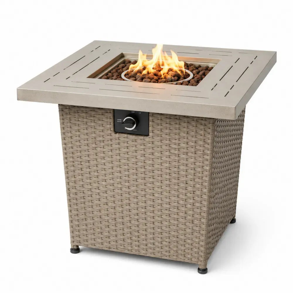Quadratischer Gas-Feuertisch Gartentisch 86 x 86 x 71 cm PE-Rattan pulverbeschichteter Stahl Edelstahl Beige Grau Schwarz Braun
