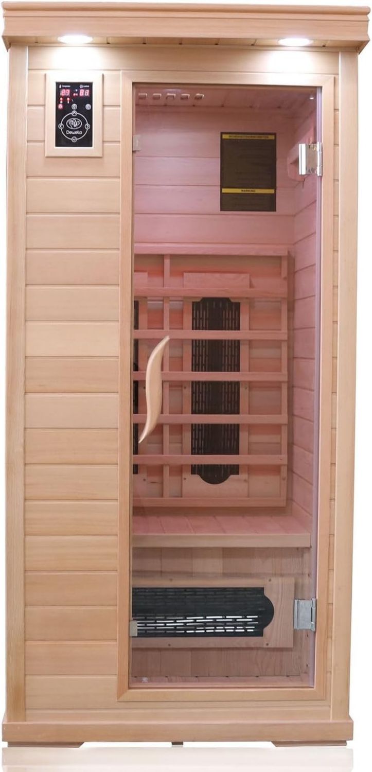 Infrarot-Saunakabine – Holzkonstruktion, mit USB-Anschluss, Bluetooth-Konnektivität, LED-Anzeige, 90cm, Dewello MP3