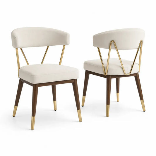 Esszimmerstühle 2er Set gepolstert mit gebogener Rückenlehne 54 x 57 x 76 cm Polyester Kautschukholz Stahl creme braun goldfarben