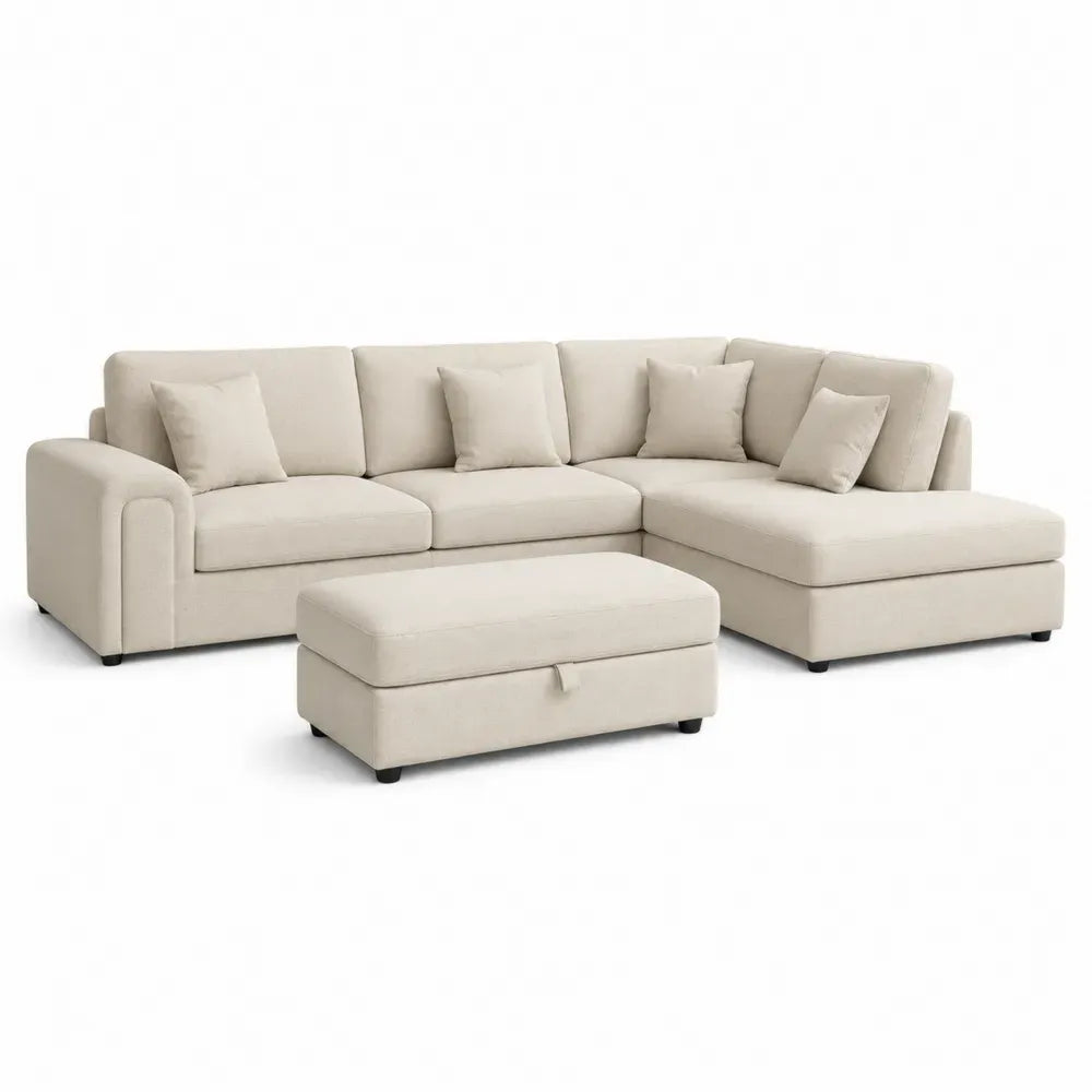 Modulares Ecksofa mit Chaiselongue und Stauraumhocker 270 x 165 x 85 cm Polyestergewebe Sperrholz L-Form Beige Schwarz