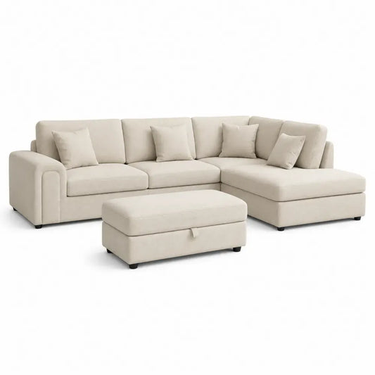 Modulares Ecksofa mit Chaiselongue und Stauraumhocker 270 x 165 x 85 cm Polyestergewebe Sperrholz L-Form Beige Schwarz