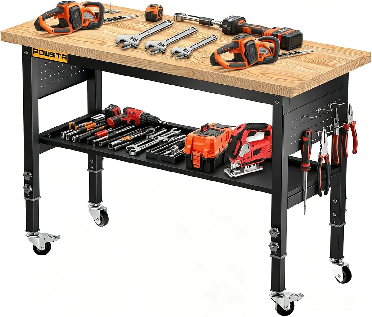 Werkbank und Werktisch, mit Lochwand, mobile Ausführung, verstellbar, 120cm, 900 kg, für Werkstatt und Heimwerken