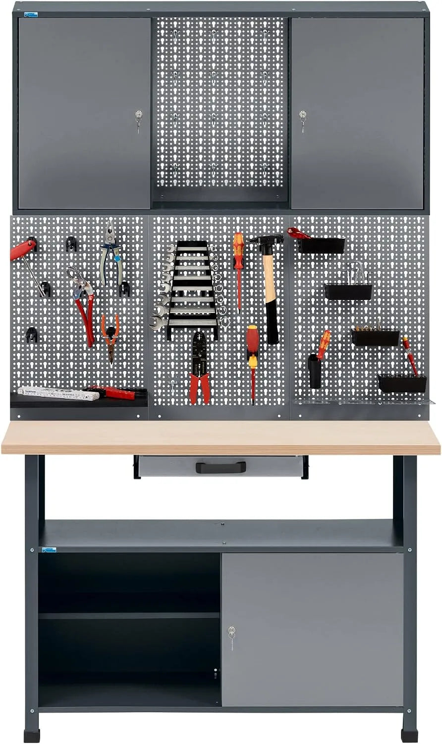 Werkbank und Werktisch – mit Lochwand, 120 cm, für Werkstatt und Heimwerken, grau