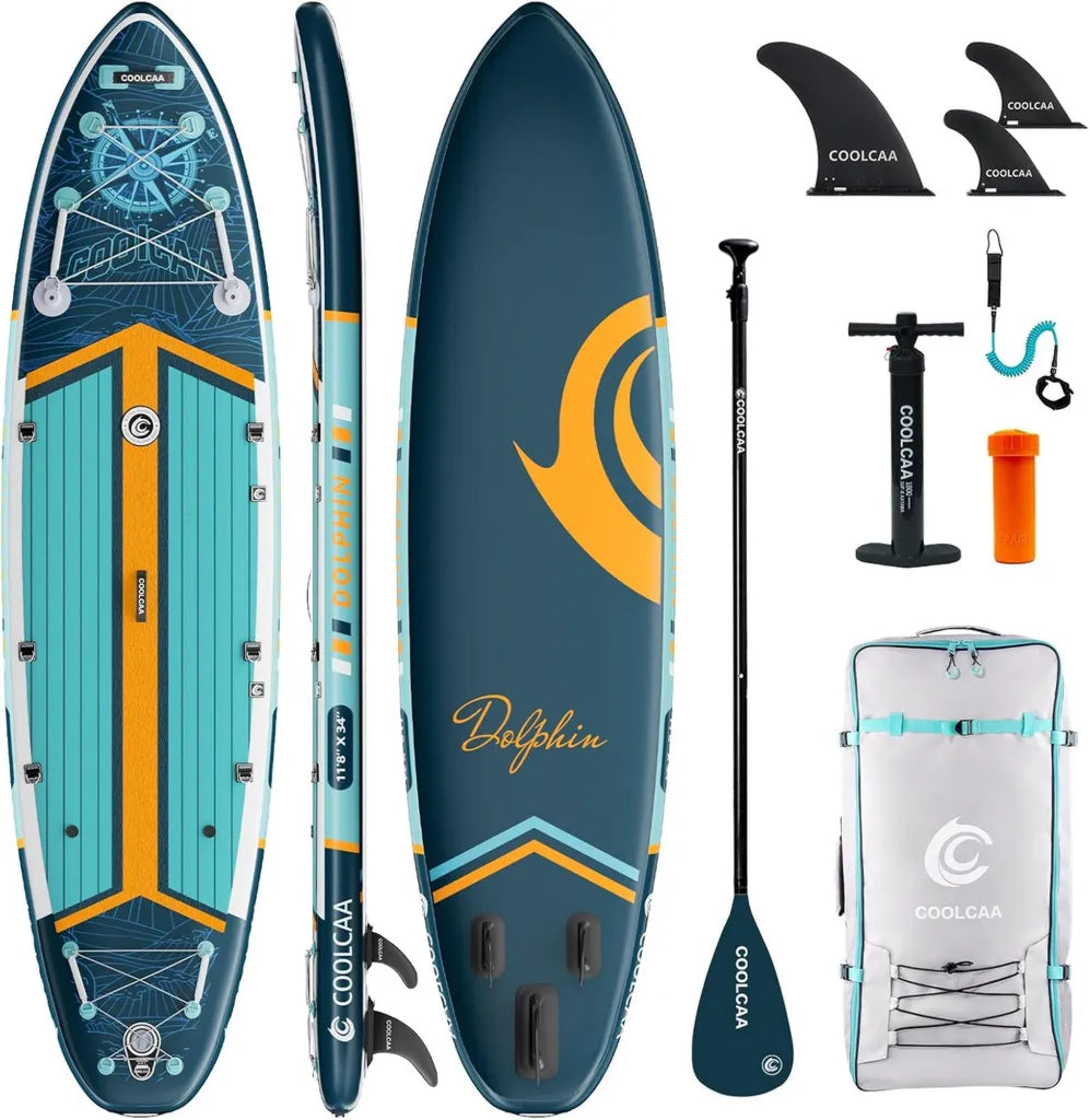 COOLCAA Aufblasbares SUP Board 355cm, Extra Breites Stand-Up Paddle Board für Angeln inkl. Zubehör & Tasche, Belastbar bis 222 kg