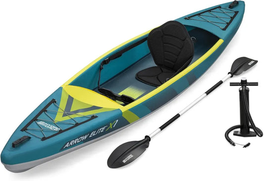 Bestway Hydro Force Arrow Elite X1 Kajak-Set, 1-Personen-Touring-Kajak, 365x73x30 cm, 160 kg Tragfähigkeit, FortiFiber, inkl. 2 Finnen, Fußstütze, verstellbarer Sitz, Paddel, Pumpe, Rucksack