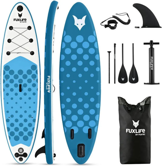 Fuxtec Aufblasbares SUP ECO Set – 320 x 81 x 15 cm Touring Paddle Board mit 3 Finnen – Belastbarkeit bis 150 kg – Inklusive Transporttasche