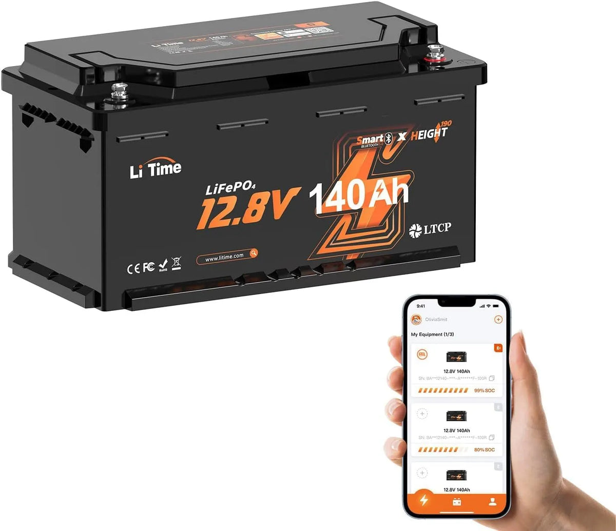 LiTime LiFePO4 LiFePO4-Batterie und Solar-Speicherbatterie, 140AH, 1792Wh, für Camping und Wohnmobil, mit BMS, mit Bluetooth, 12V