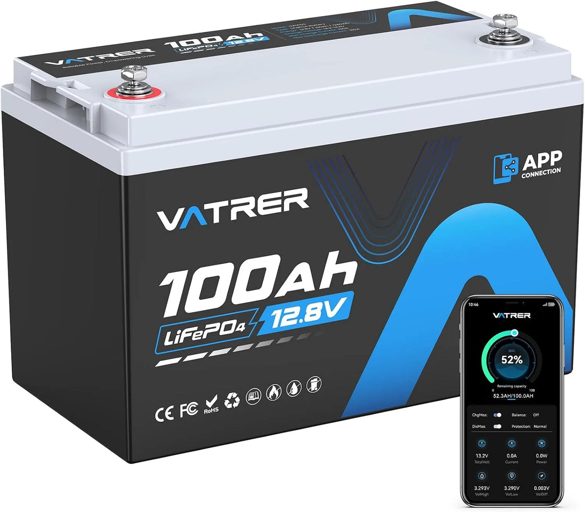 LiFePO4 LiFePO4-Batterie und Solar-Speicherbatterie, 100Ah, mit Bluetooth, 12V