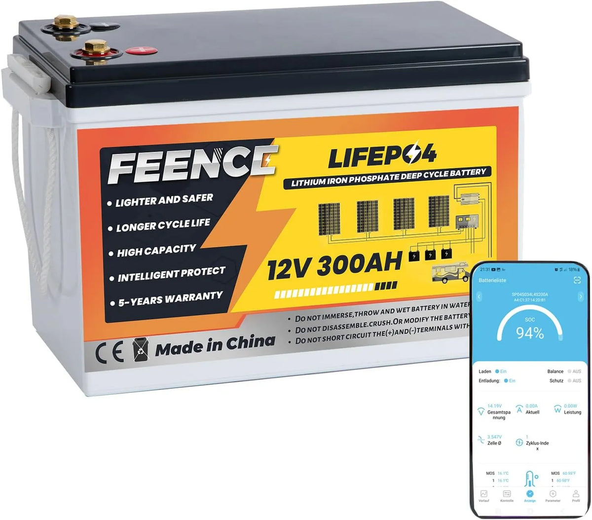 LiFePO4 Solarmodul und Photovoltaikpanel, 12V, 300Ah, für Camping und Wohnmobil, mit BMS, 3840Wh, 200A