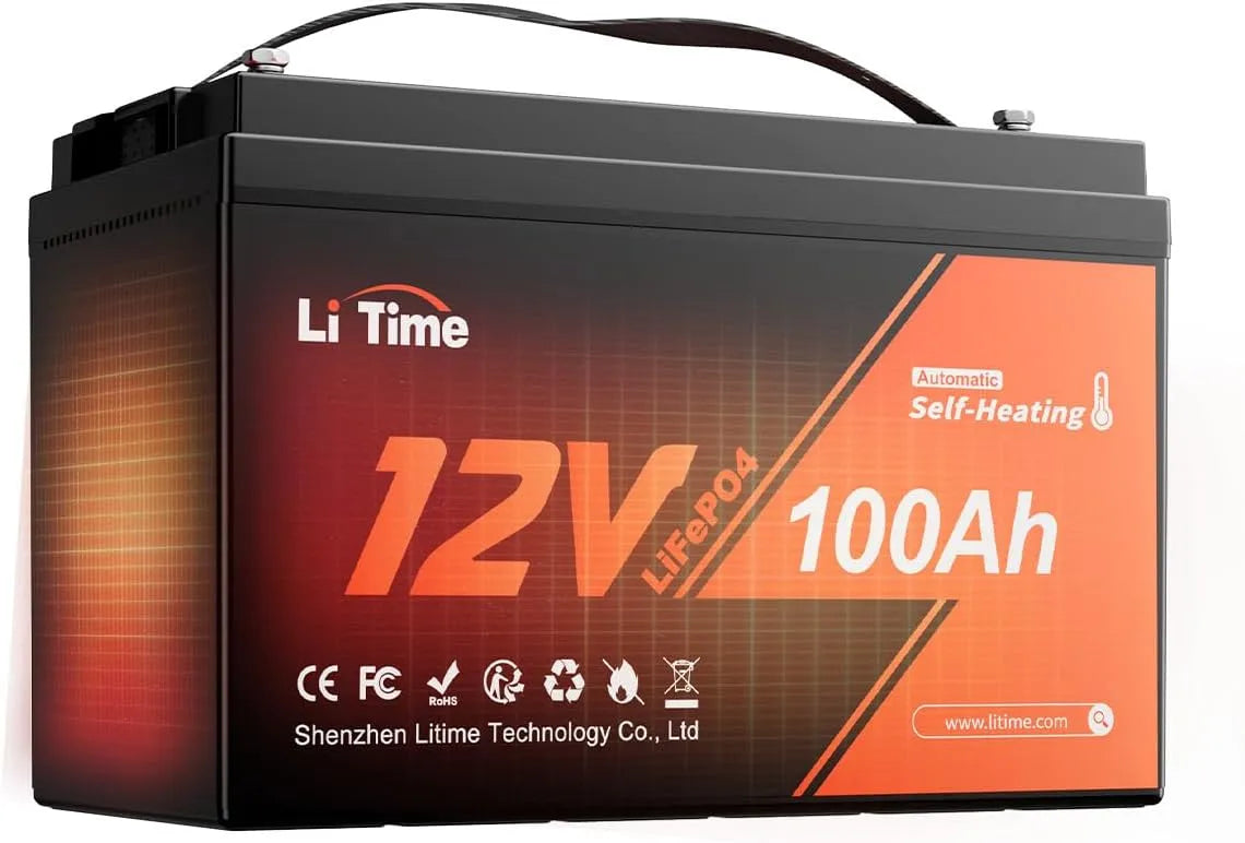 LiTime LiFePO4-Batterie LiFePO4-Batterie und Solar-Speicherbatterie, solarbetrieben, 100Ah, 12V, mit BMS, für Camping und Wohnmobil