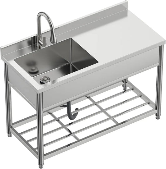 Gewerbliche Edelstahl-Spültisch mit Ausziehbarem Wasserhahn für Küche, Garage und Restaurant, 55T x 120B x 94H cm