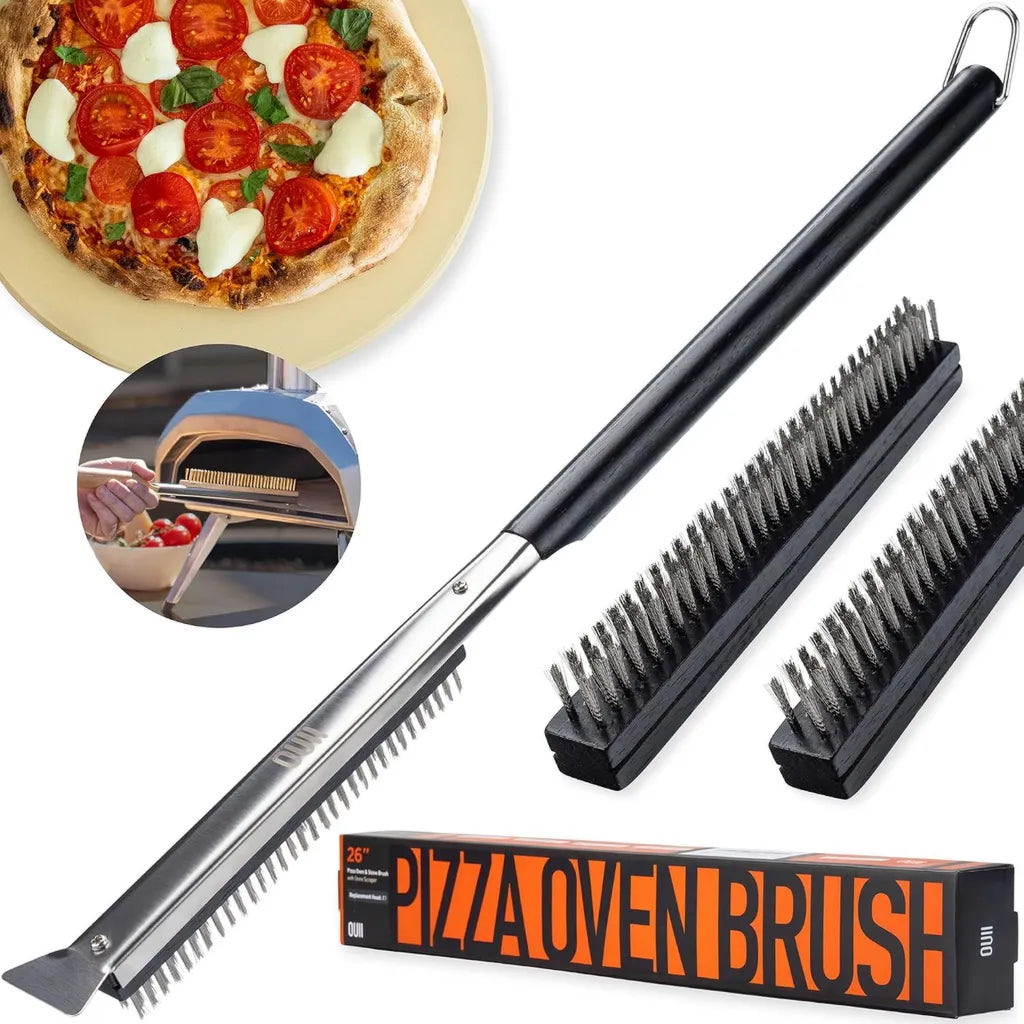 Professionelle Pizzaofenbürste 66 cm mit Steinschaber und Ersatzbürstenköpfen, kompatibel mit Ooni, Gozney, Blackstone, Solo
