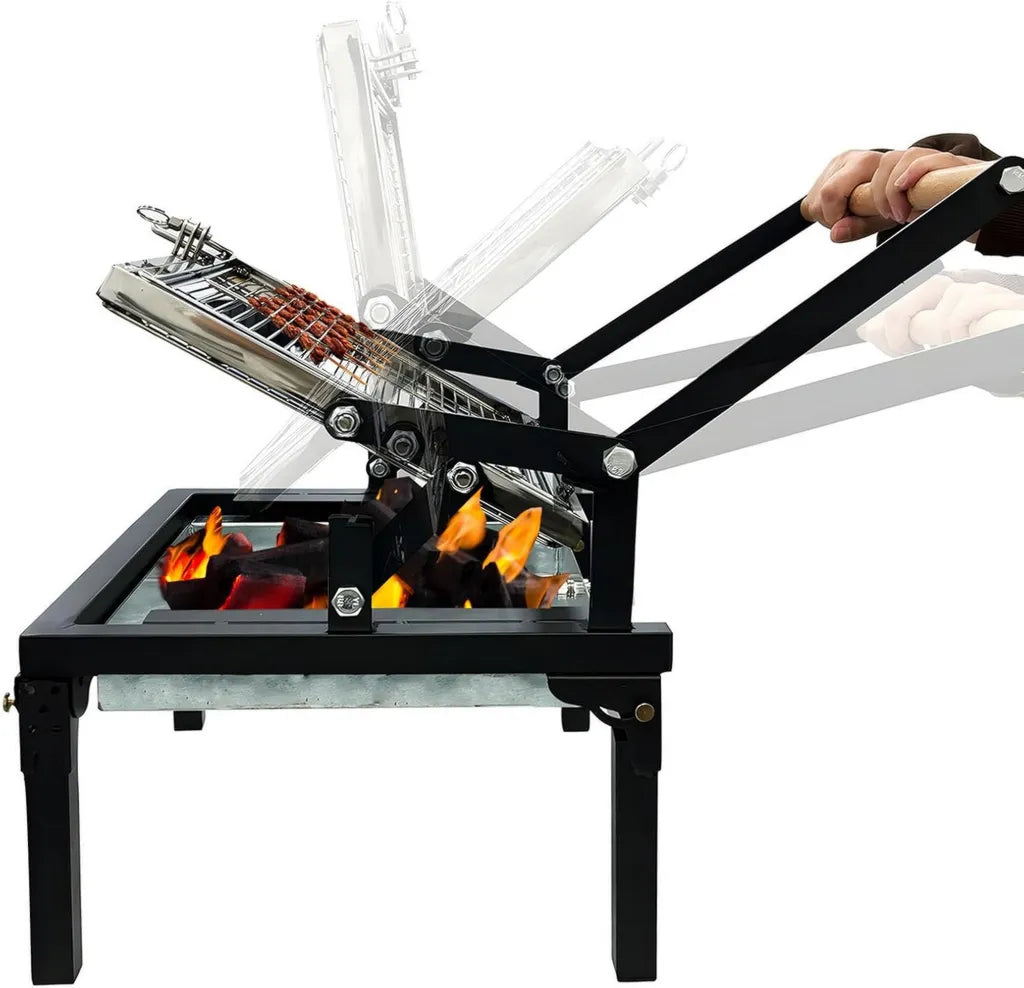 Kompakter Holzkohlegrill für Camping und Outdoor mit 360-Grad-Grillrost, Tragbarer Klappgrill für Gartenpartys und Picknicks (Schwarz)