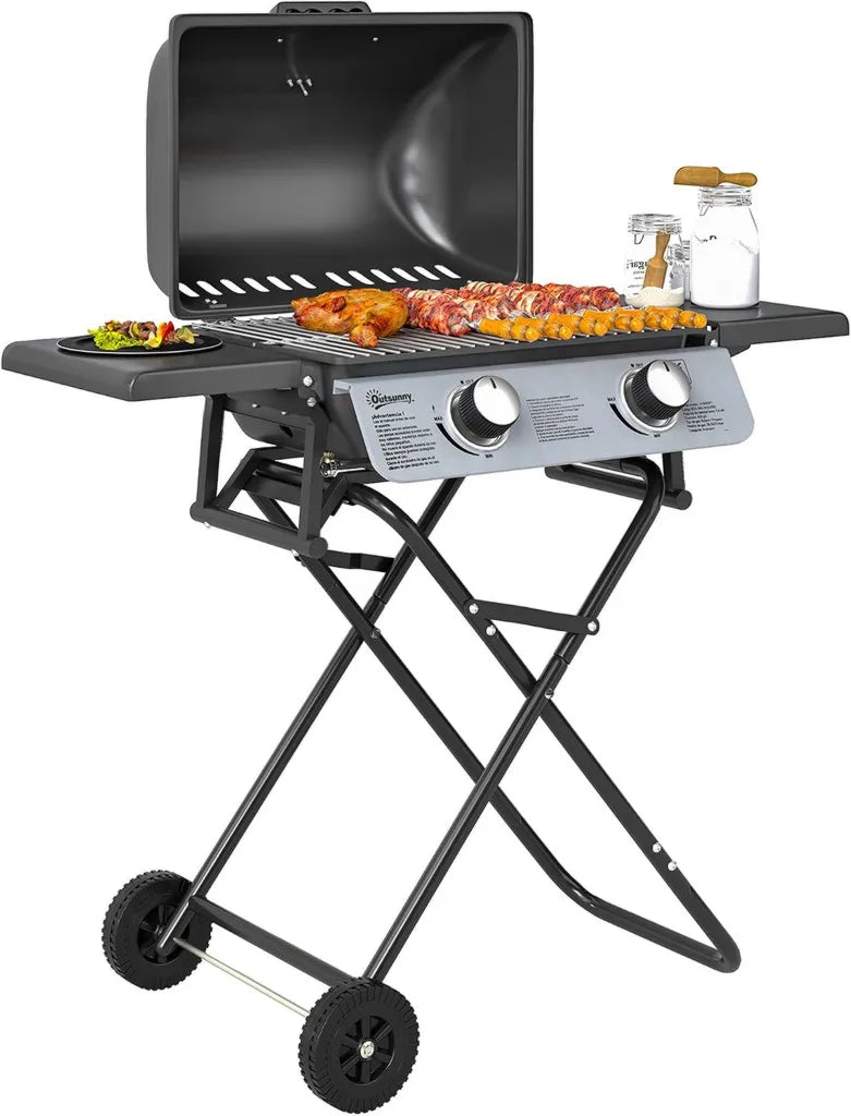 Tragbarer Gasgrill mit 2 Brennern, klappbar, 5,6 kW, für Camping und Garten