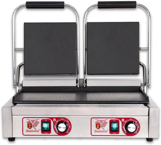 Beeketal Doppelt Kontaktgrill mit Gusseisenplatten und Fettauffangschale, Edelstahl Elektrogrill für Panini und Sandwich