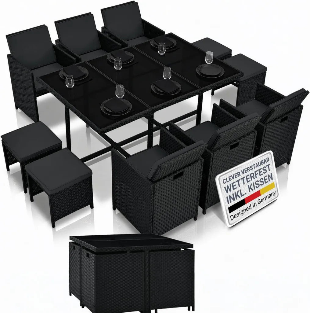 Juskys Gartenmöbel-Set Baracoa XL, Polyrattan, 11-teilig, wetterfest, stapelbar – 6 Stühle, 4 Hocker, Tisch mit Glasplatte für 10 Personen