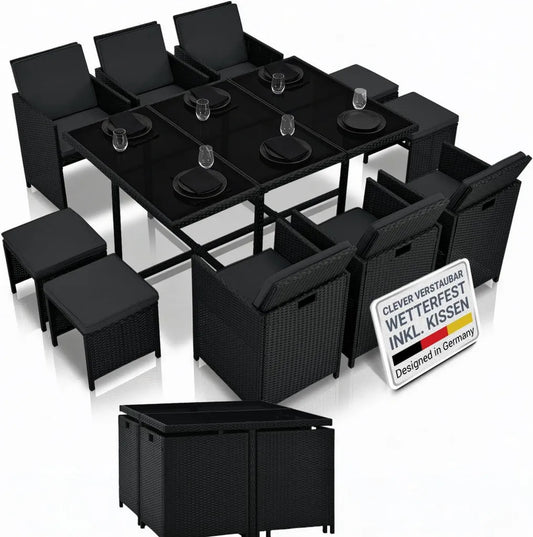 Juskys Gartenmöbel-Set Baracoa XL, Polyrattan, 11-teilig, wetterfest, stapelbar – 6 Stühle, 4 Hocker, Tisch mit Glasplatte für 10 Personen