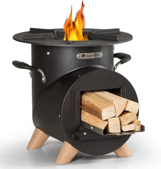 Blumfeldt Feuerstelle mit Grill, Terrassen- und Camping-Feuerschale, L-förmiges Design, Schürhaken & Holzstand inklusive
