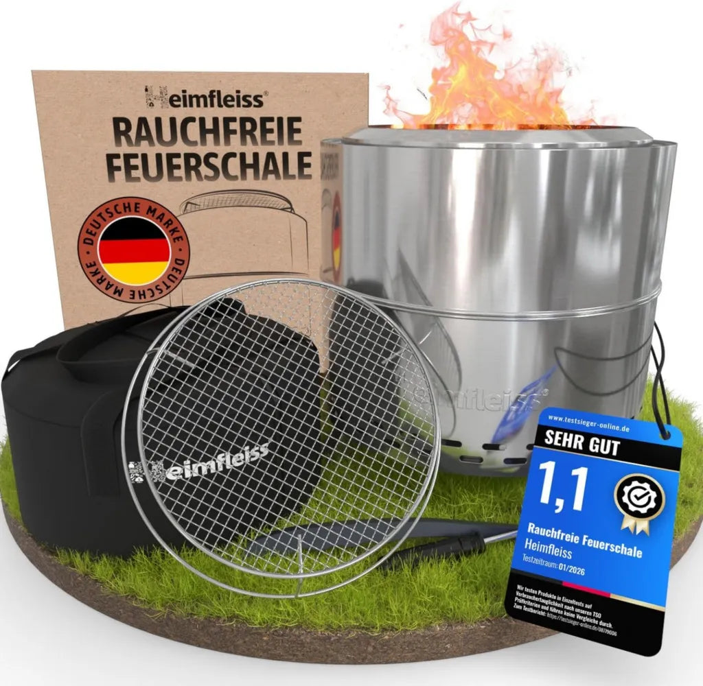 Edelstahl Feuerschale Ø50 cm rauchfrei mit Grillrost für Garten und Terrasse