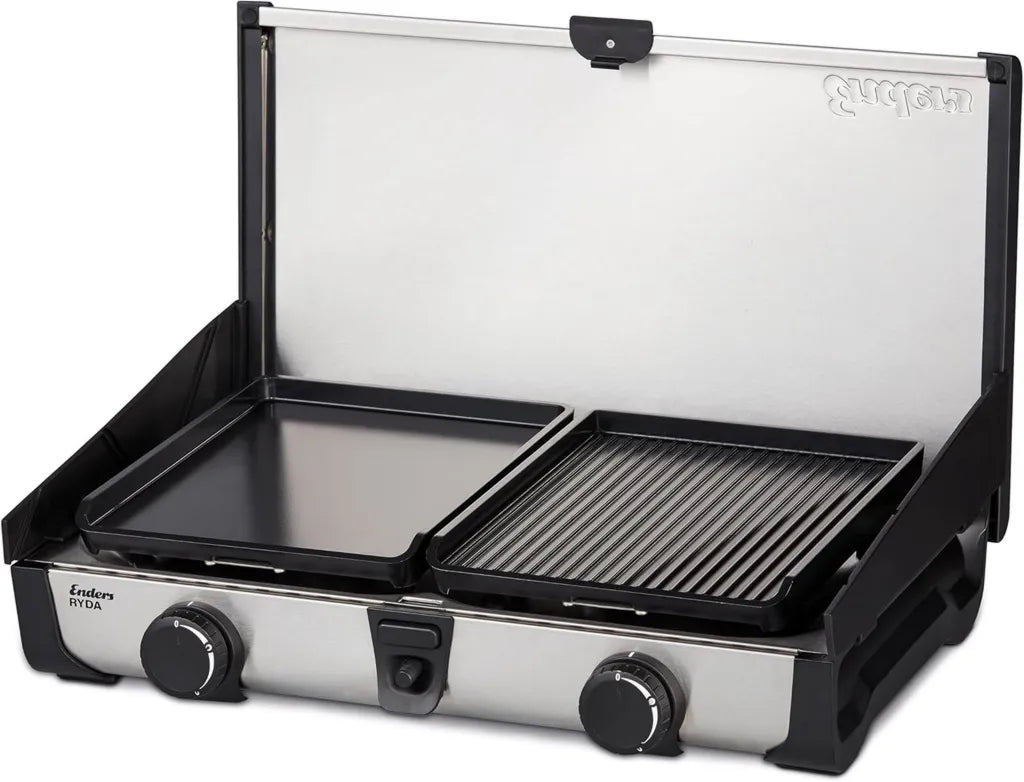Enders Camping-Gaskocher Ryda 2Z GP, 2-flammig, Edelstahl, 2x2,3 kW, mit Zündsicherung, tragbar, inkl. Grillplatte und Windschutz