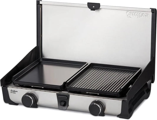 Enders Camping-Gaskocher Ryda 2Z GP, 2-flammig, Edelstahl, 2x2,3 kW, mit Zündsicherung, tragbar, inkl. Grillplatte und Windschutz