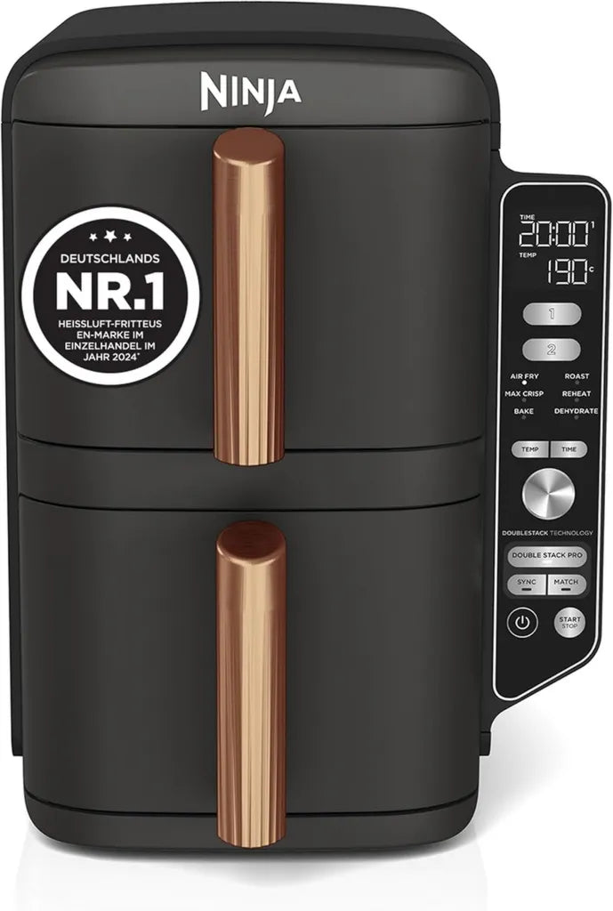 Ninja Heißluftfritteuse XL mit Doppelschublade, Kompakt, 6 Funktionen, 9,5 L, Schwarz/Kupfer