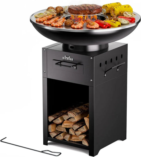 Big Horn Outdoors Feuerschale mit 60 cm Edelstahlgrillplatte, Ideal für Gartenparty und Camping