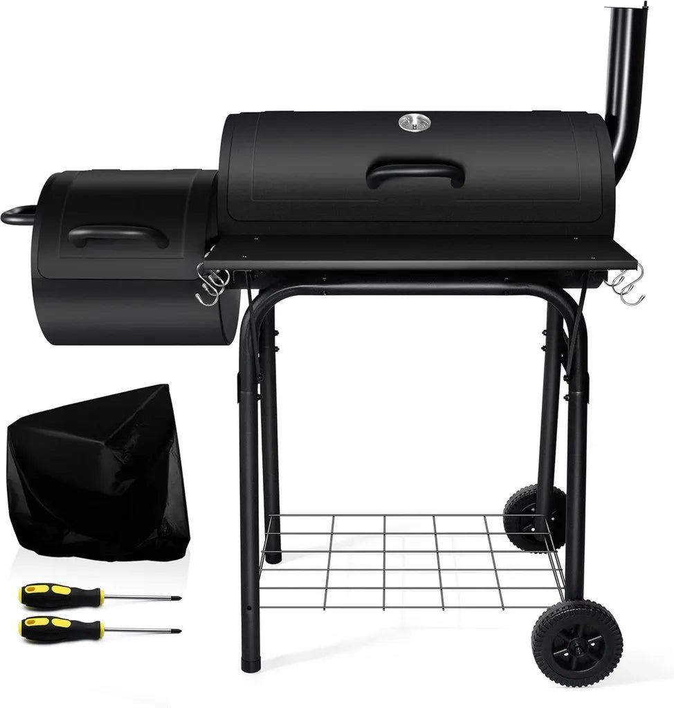 Leonyo XL Holzkohlegrill mit Smoker, 36 cm, ideal für Gartenpartys, 438 m² Grillfläche, schwarz