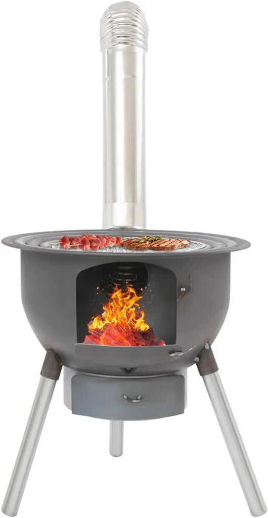 Tragbarer Holzofen mit abnehmbarem Grillrost und Schornstein aus Stahl für 3-6 Personen