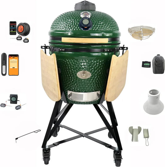 YNNI KAMADO 46 cm Keramikgrill in Grün mit Chipfeeder und Zubehör
