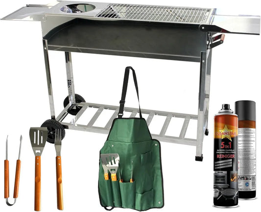 Robuster Edelstahl-Holzkohlegrill für Garten und Camping mit Rollen und drei Grillrosten