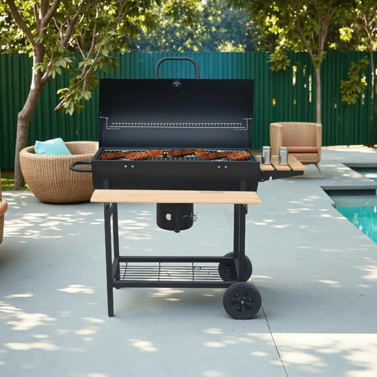 Mobiler Holzkohlegrill mit Belüftungsregelung und Holzablagen