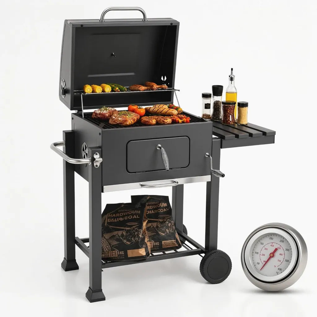 TLGREEN Holzkohlegrill mit Thermometer, Rollwagen und verstellbarem Rost, Ascheauffangbehälter, 124x56x140cm, Ideal für Garten und Camping, Grau